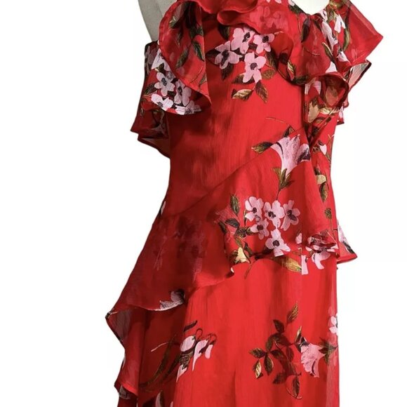 Taylor Ruffle Chiffon Dress 8 Red Floral Waterfall Sleeveless Lined V-Neck Frill - Picture 3 of 8